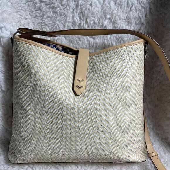 Stella & dot Rattan woven beige large shoulder bag with cream trim and strap - Picture 6 of 11